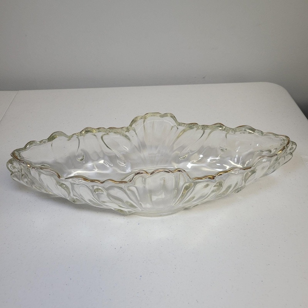 Vintage Indiana Glass Tiara Gold Trim Scalloped‎ Edge Oval Console Bowl Clear